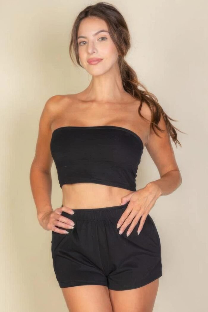 Simple solid color tube top and shorts two piece set