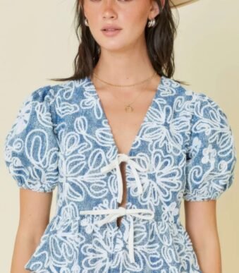Denim Embroidered Crop Top With Front Tie Detail
