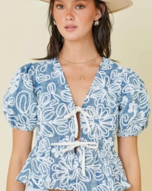 denim embroidered crop top with front tie detail