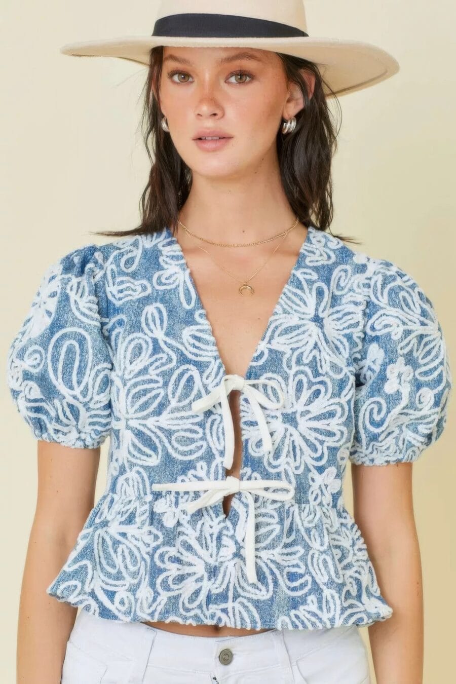 Denim embroidered crop top with front tie detail