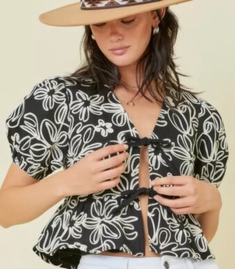 Denim Embroidered Crop Top With Front Tie Detail