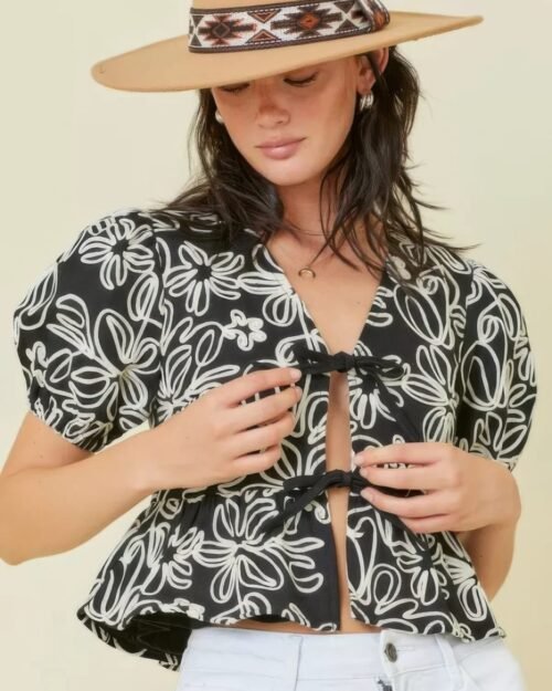 Denim Embroidered Crop Top With Front Tie Detail