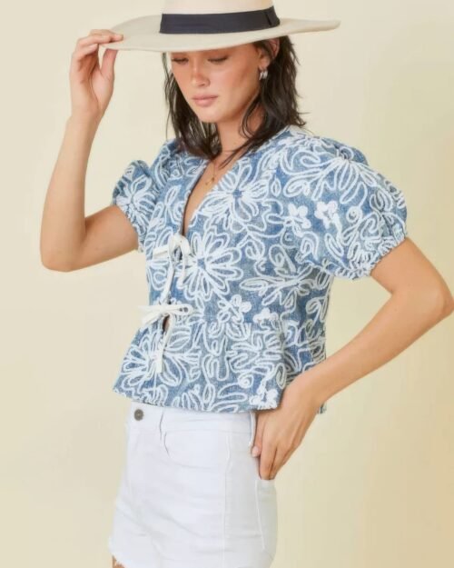 denim embroidered crop top with front tie detail