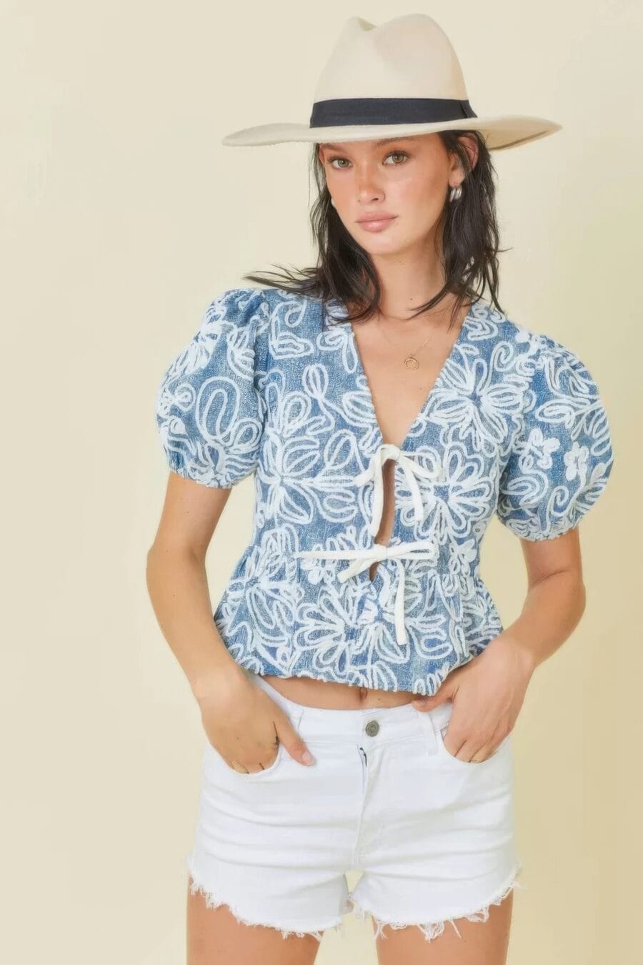 Denim embroidered crop top with front tie detail