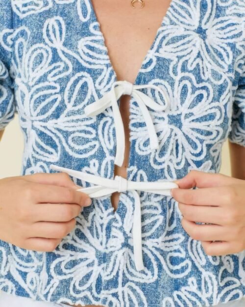 denim embroidered crop top with front tie detail