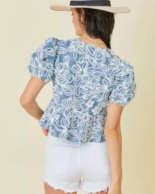 denim embroidered crop top with front tie detail