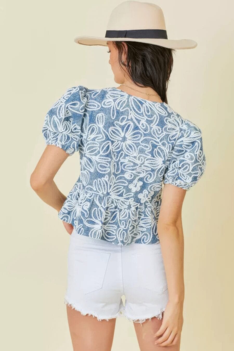 Denim embroidered crop top with front tie detail