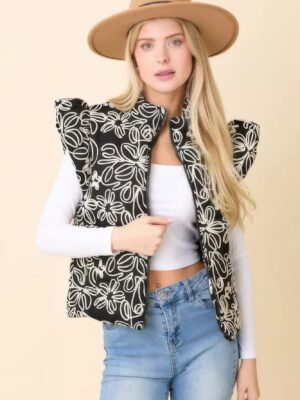 Floral Velvet Embroidered Denim Puffer Vest