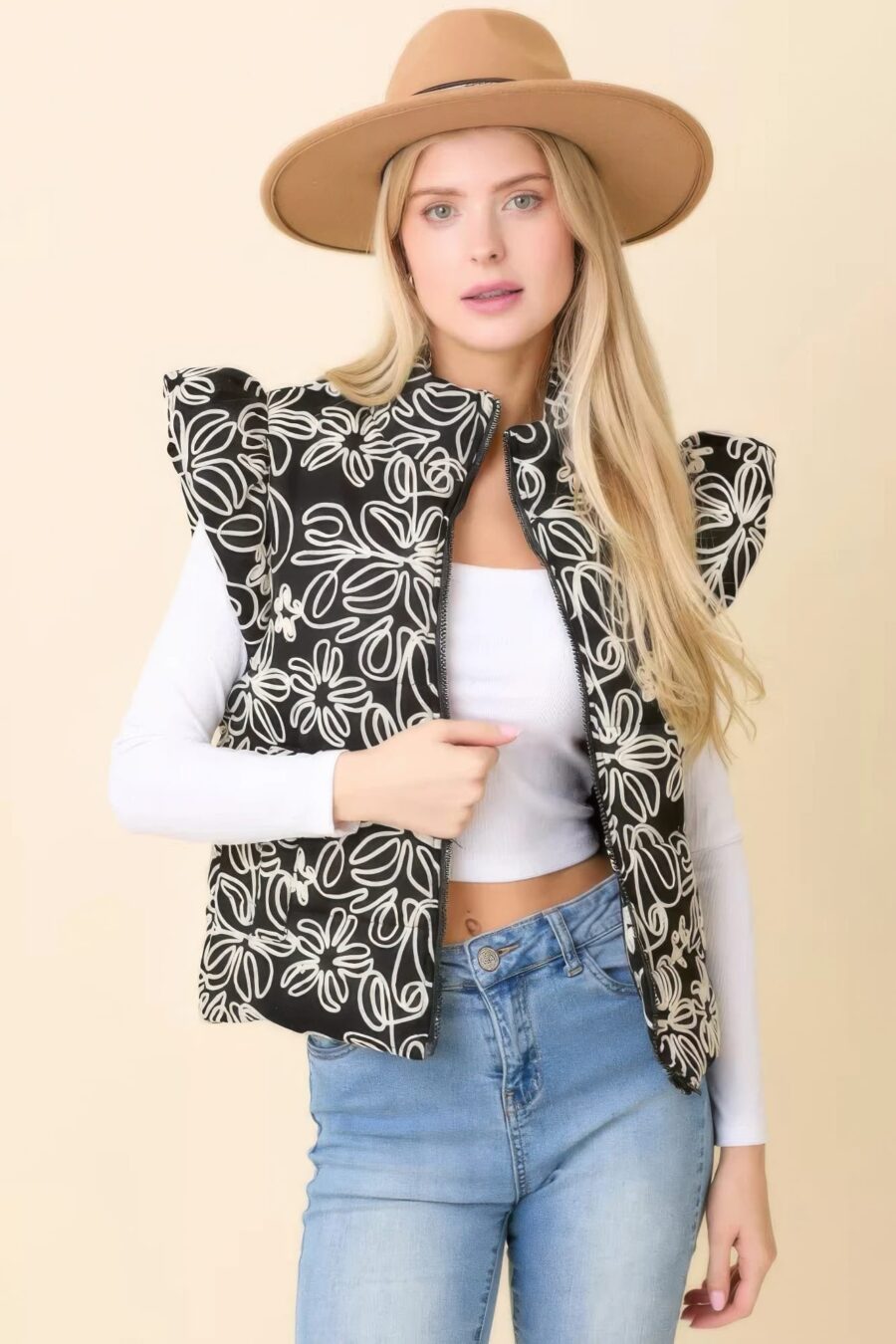 Floral velvet embroidered denim puffer vest