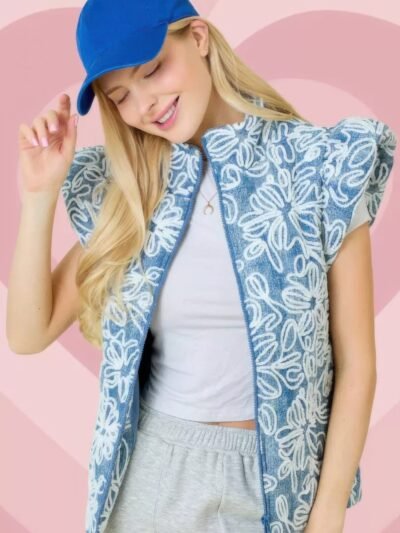 Floral Velvet Embroidered Denim Puffer Vest