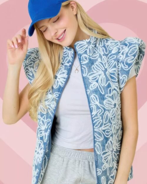 Floral Velvet Embroidered Denim Puffer Vest