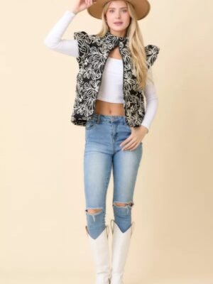 Floral Velvet Embroidered Denim Puffer Vest
