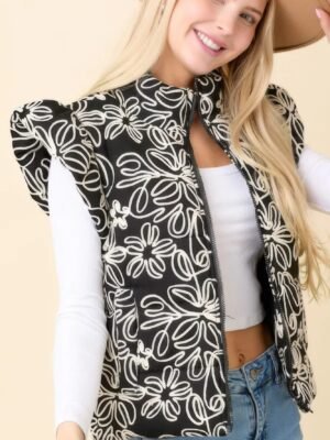 Floral Velvet Embroidered Denim Puffer Vest