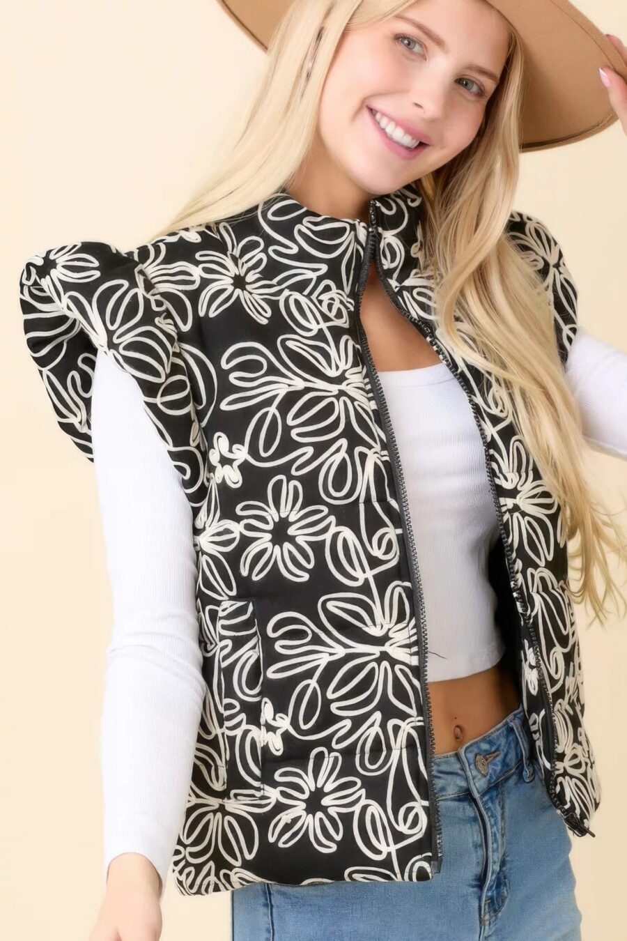 Floral velvet embroidered denim puffer vest