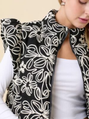 Floral Velvet Embroidered Denim Puffer Vest