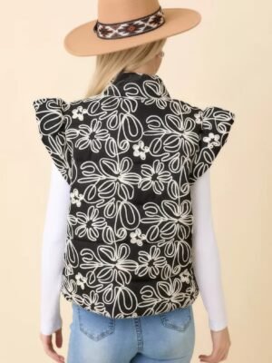 Floral Velvet Embroidered Denim Puffer Vest