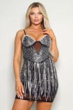 Rhinestone Mini Dress – Spaghetti Strap Hot Fix Dress with Triangle Bustier Neckline and Sparkling Detailing
