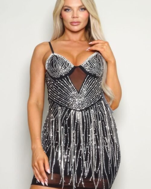 rhinestone mini dress – spaghetti strap hot fix dress with triangle bustier neckline and sparkling detailing