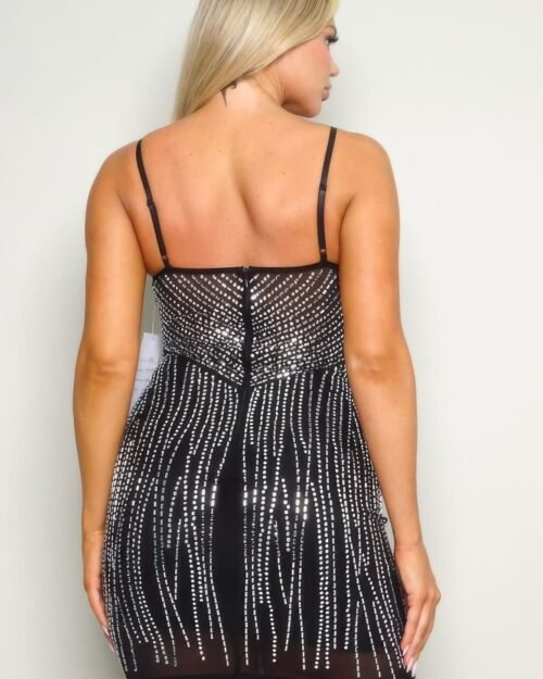 rhinestone mini dress – spaghetti strap hot fix dress with triangle bustier neckline and sparkling detailing