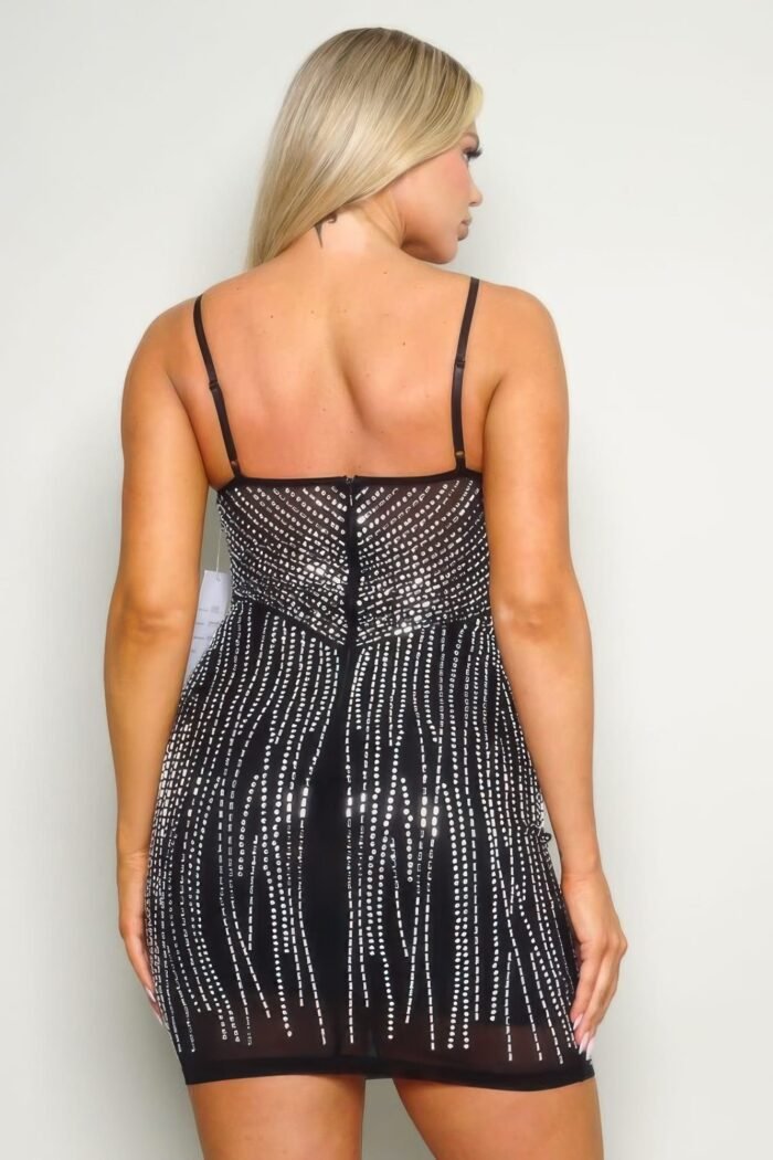 Rhinestone mini dress – spaghetti strap hot fix dress with triangle bustier neckline and sparkling detailing