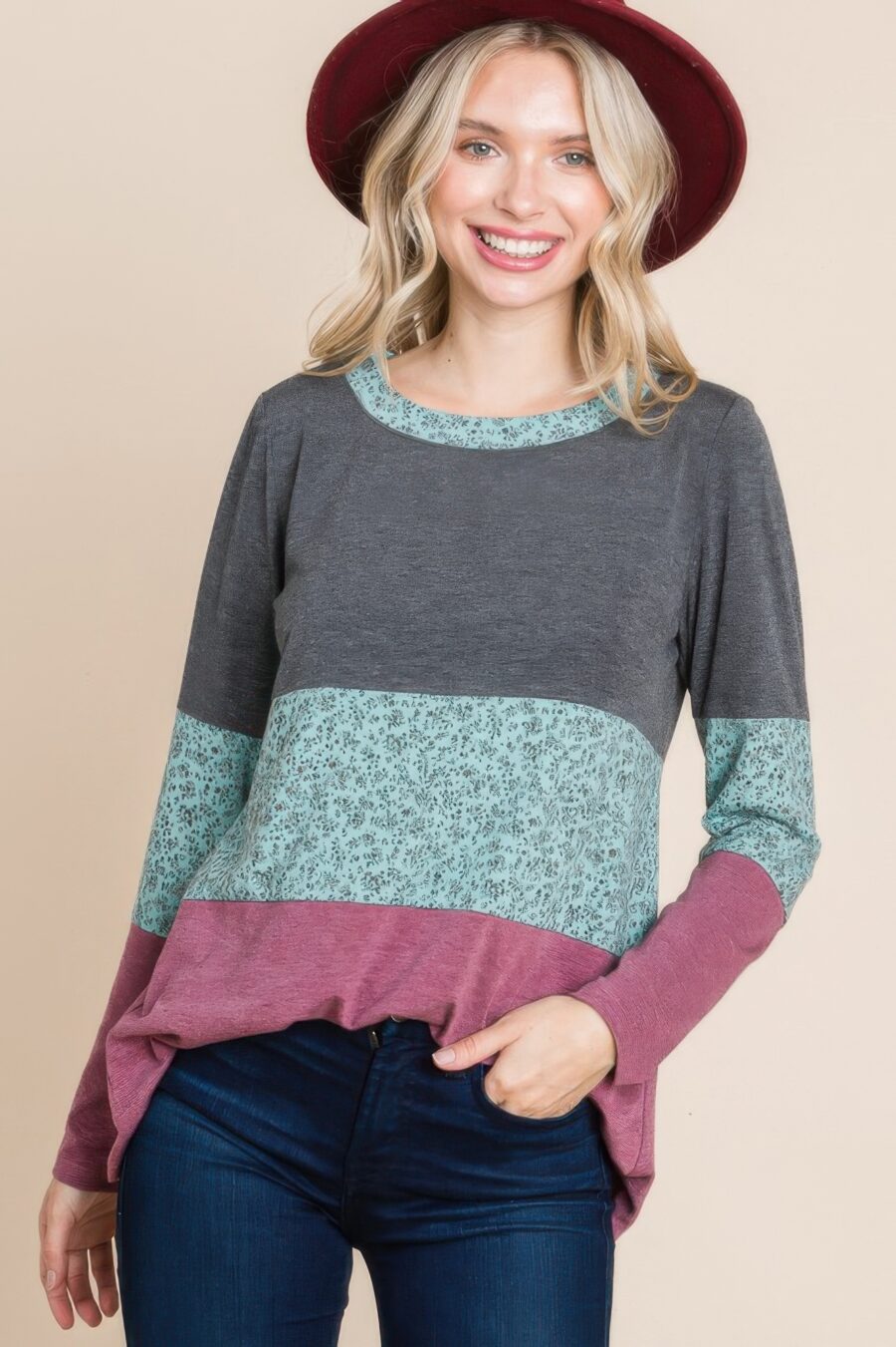 Colorblock floral contrast long sleeve top