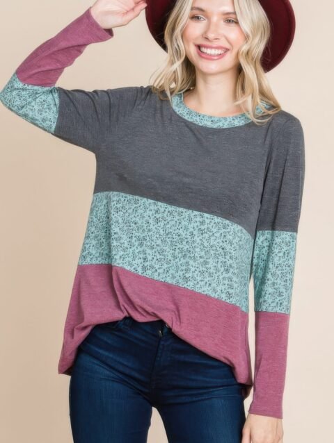 Colorblock Floral Contrast Long Sleeve Top