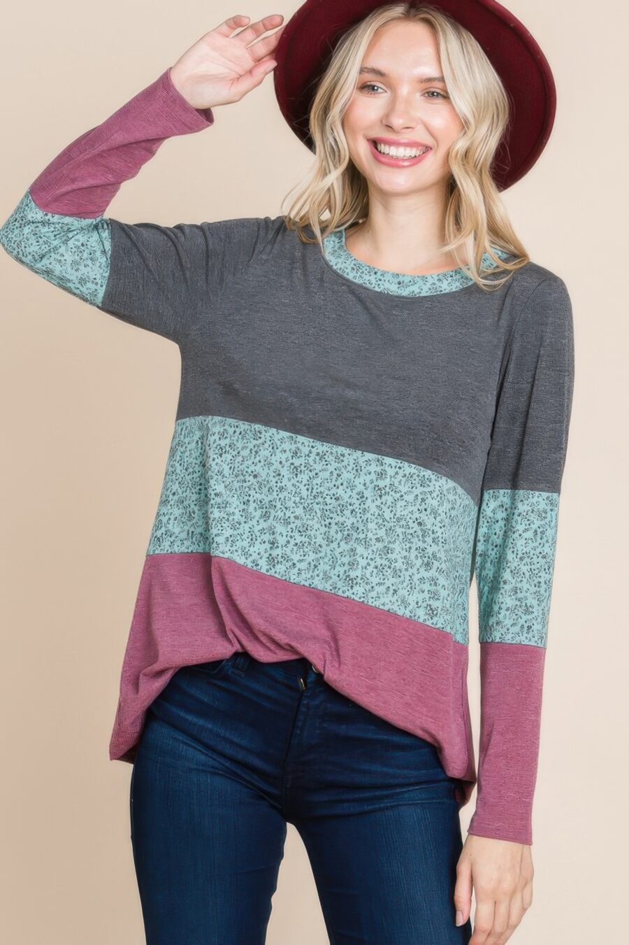 Colorblock floral contrast long sleeve top