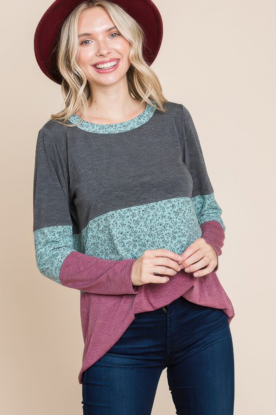 Colorblock floral contrast long sleeve top