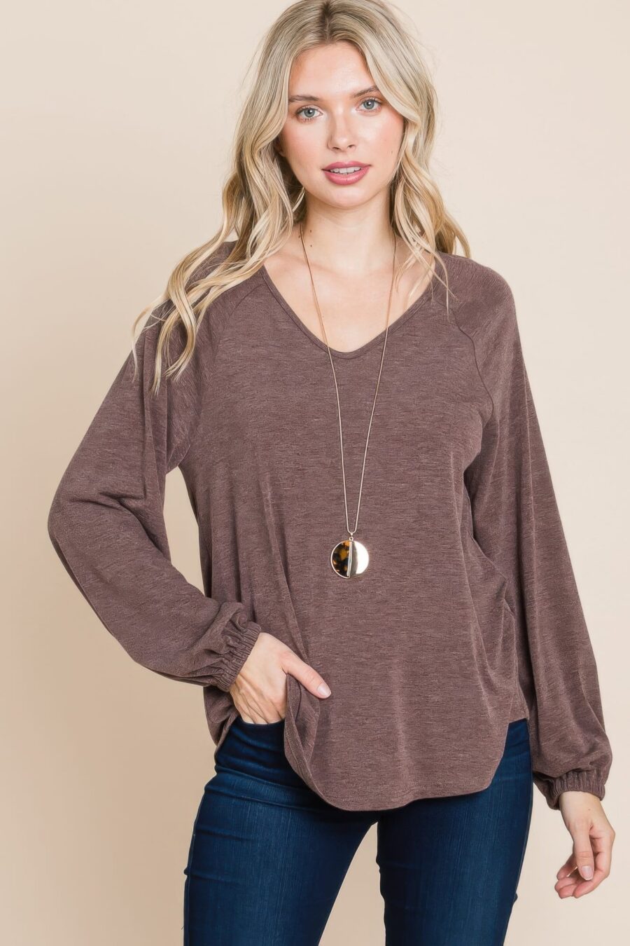 Casual v neck basic long sleeve top