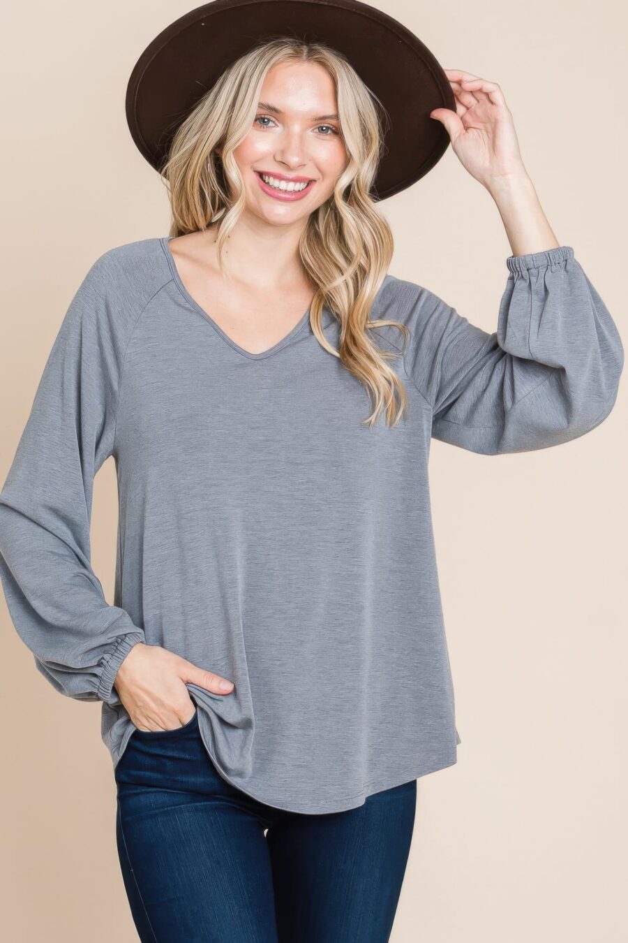 Casual v neck basic long sleeve top