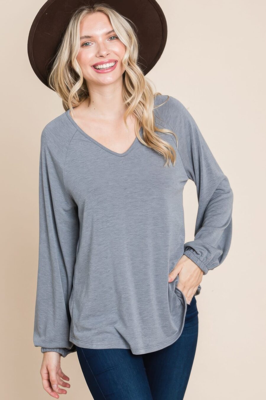 Casual v neck basic long sleeve top