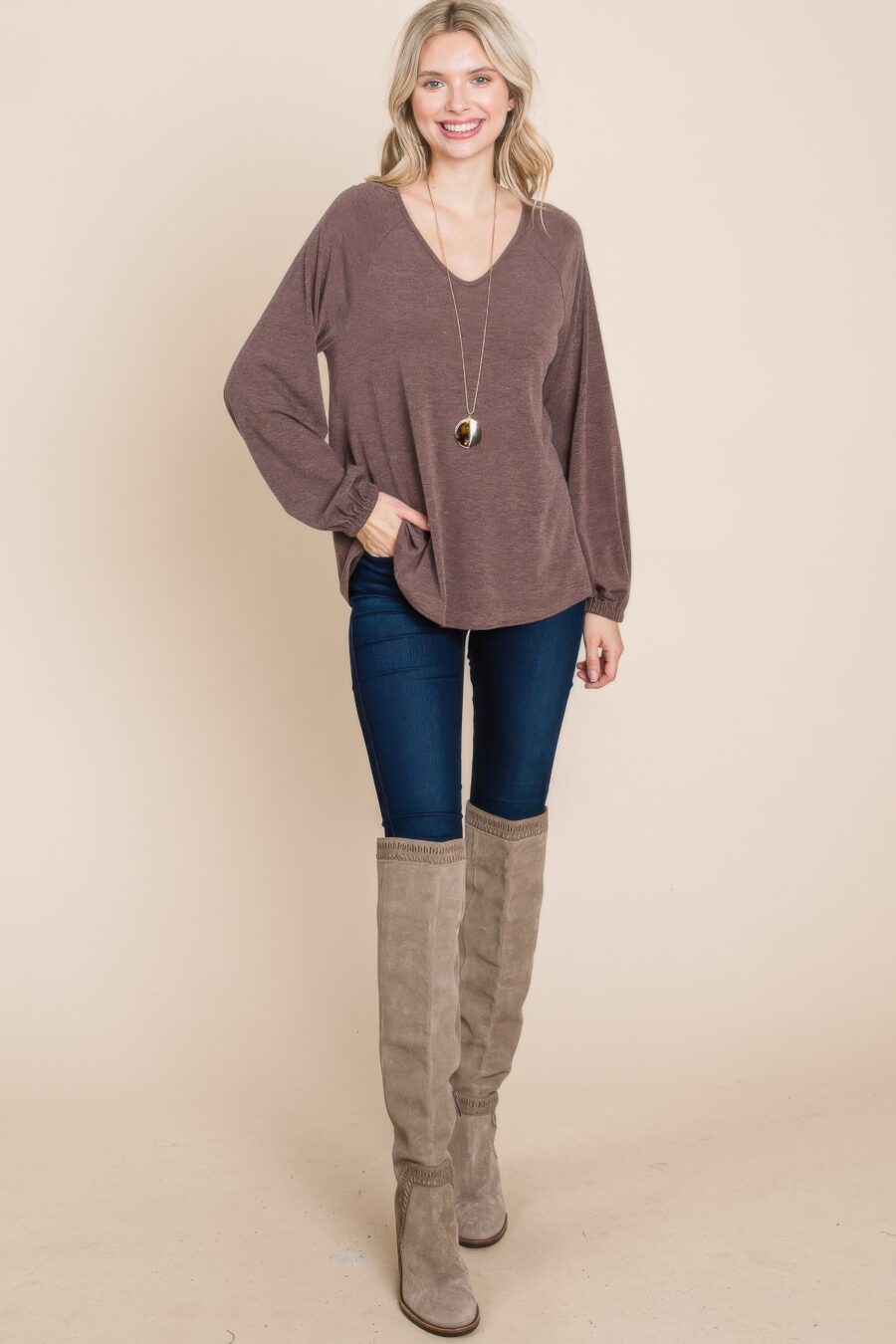 Casual v neck basic long sleeve top