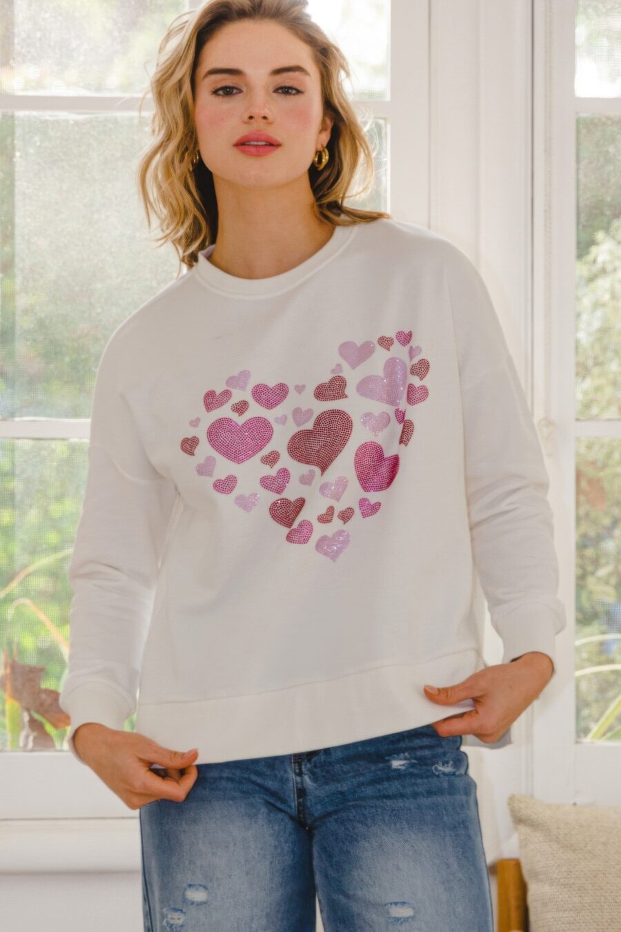 Oversized Pullover Heart Rhinestone Pullover