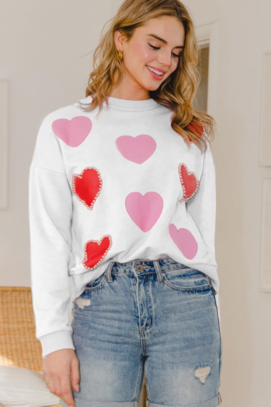 Heart pattern with pearl embellished sweatshirts