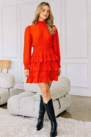 Long Sleeve Smocked Neck Tiered Ruffle Mini Dress Long Sleeve Smocked Neck Tiered Ruffle Mini Dress