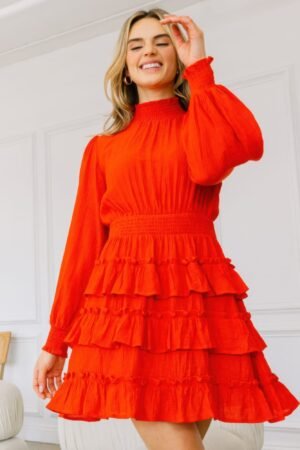 Long Sleeve Smocked Neck Tiered Ruffle Mini Dress Long Sleeve Smocked Neck Tiered Ruffle Mini Dress