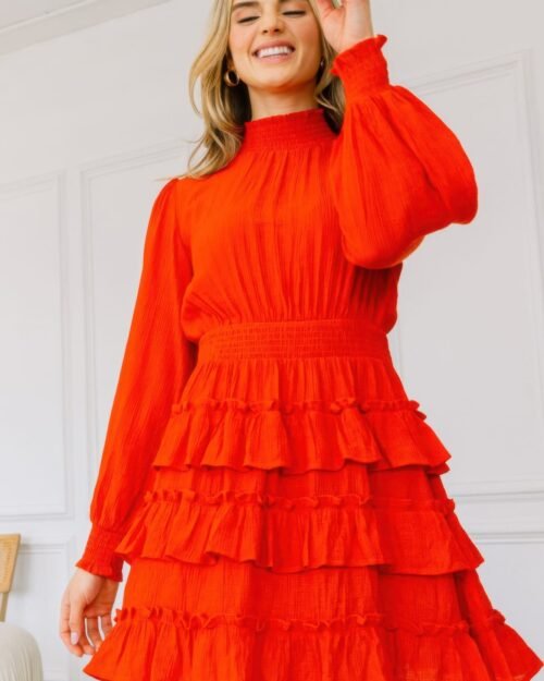 long sleeve smocked neck tiered ruffle mini dress