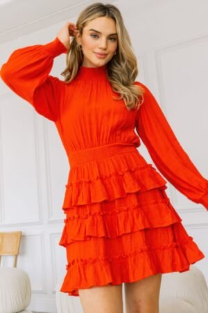 Long Sleeve Smocked Neck Tiered Ruffle Mini Dress Long Sleeve Smocked Neck Tiered Ruffle Mini Dress