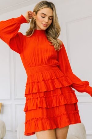 Long Sleeve Smocked Neck Tiered Ruffle Mini Dress Long Sleeve Smocked Neck Tiered Ruffle Mini Dress