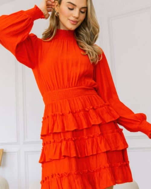 long sleeve smocked neck tiered ruffle mini dress