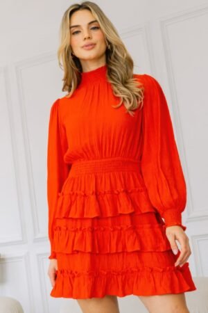 Long Sleeve Smocked Neck Tiered Ruffle Mini Dress Long Sleeve Smocked Neck Tiered Ruffle Mini Dress