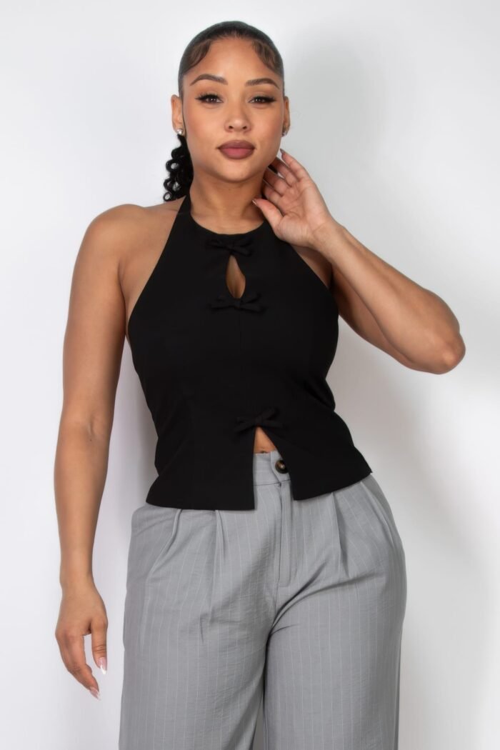 Halter ribbon open-back crop top - image 11