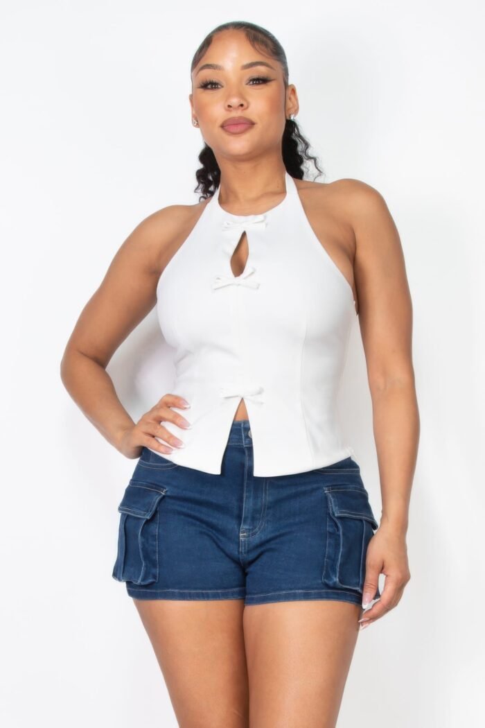 Halter ribbon open-back crop top - image 6