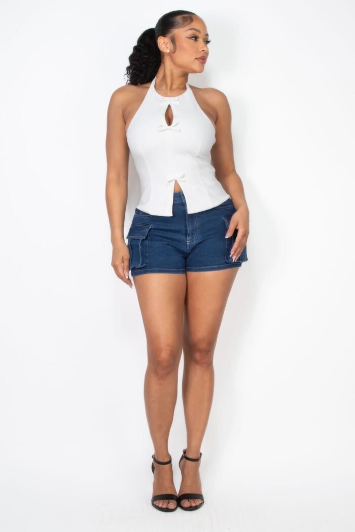 Halter ribbon open-back crop top - image 7