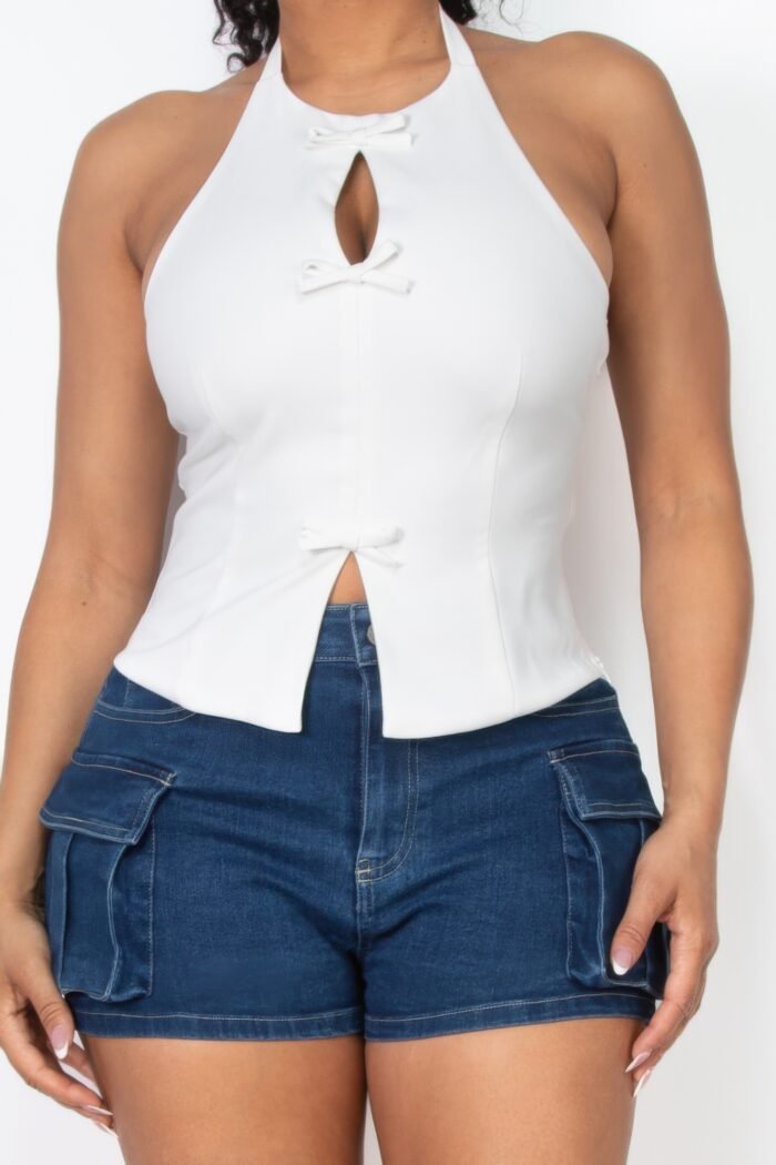 Halter ribbon open-back crop top - image 9