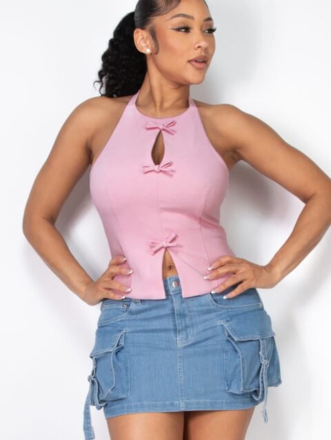 Halter ribbon open-back crop top