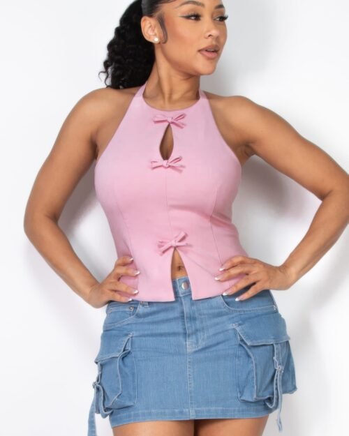 Halter ribbon open-back crop top