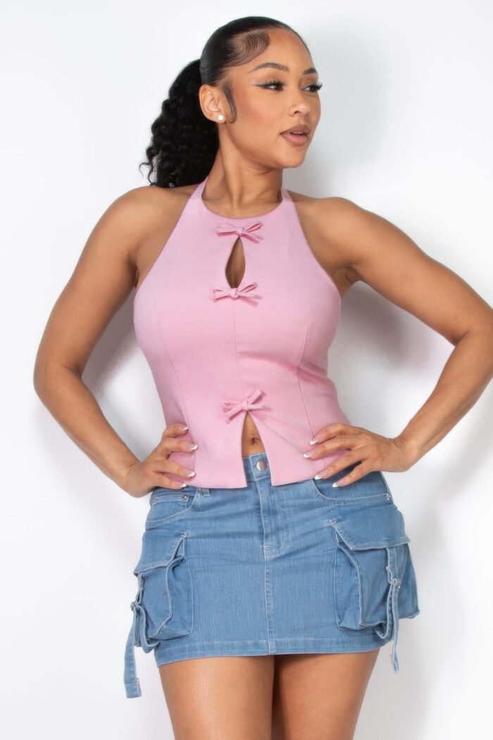 Halter ribbon open-back crop top - image 1