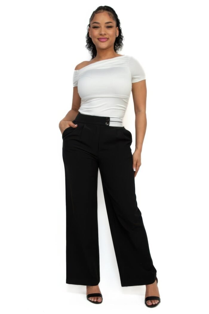 High-rise wide elastic contrast waist pants - image 2