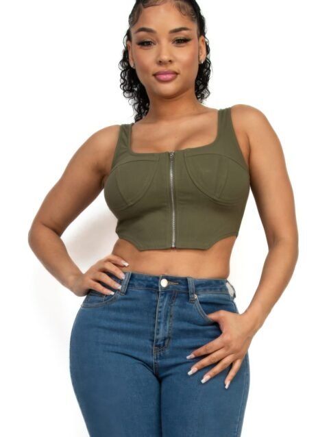 Zip-Up Square Neck Crop Top – Fitted Corset Style